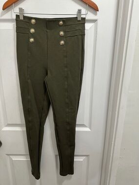 Zara Stretchy Waistband Army Green Ponte Pants with Gold Buttons